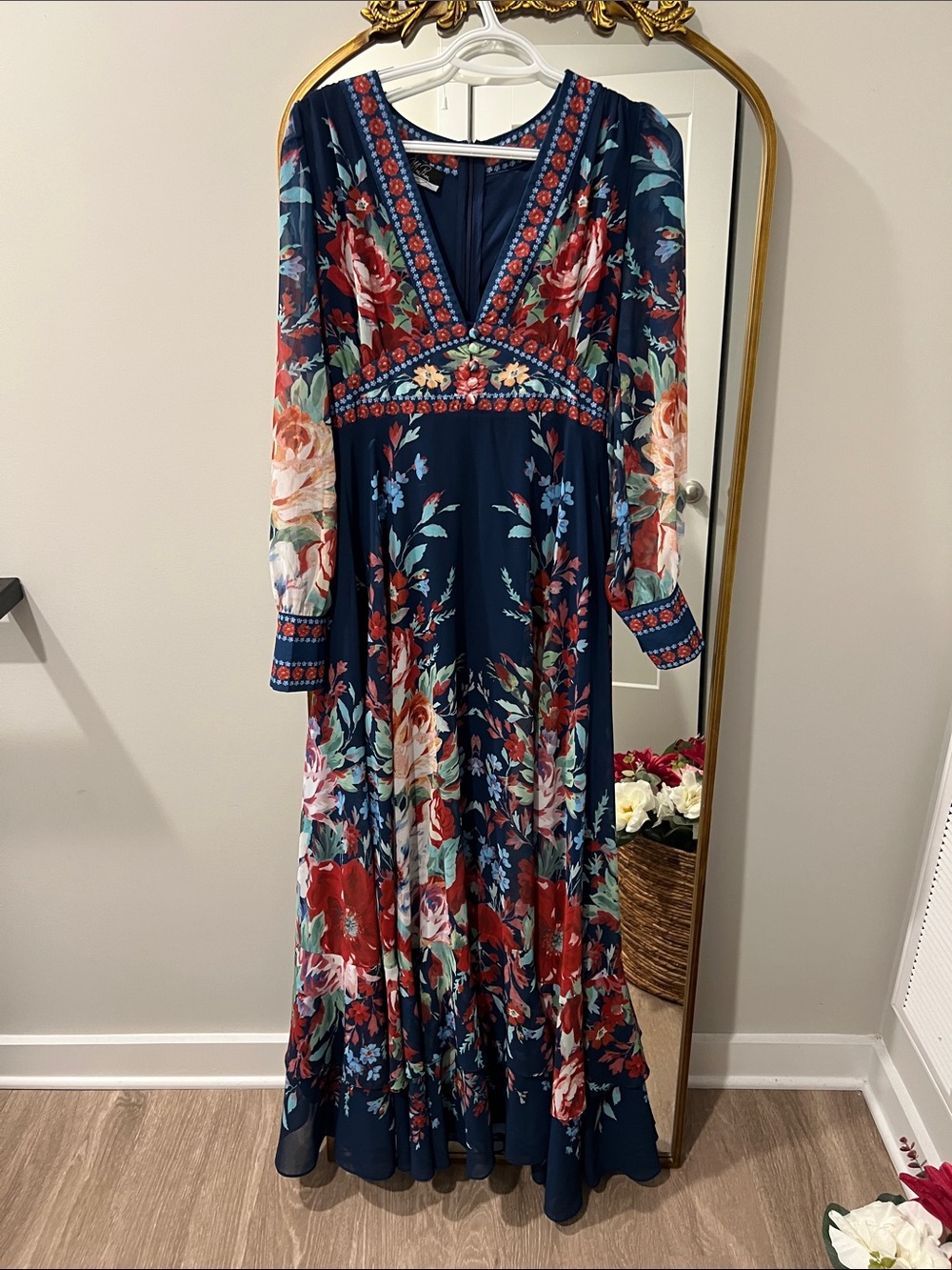 Navy Floral V-Neck Maxi Dress with Red and Pink Blooms